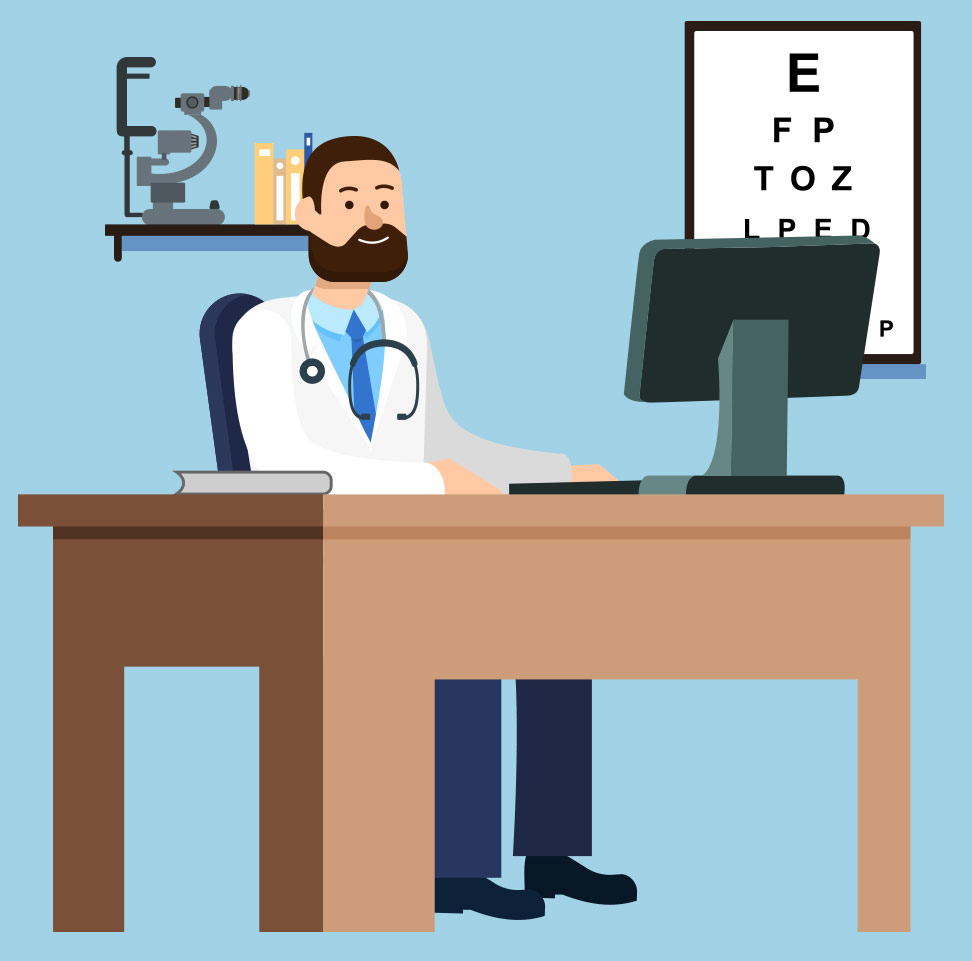 An eye doctor sitting at his desk with an eye chart in front of him, providing specialized care for eye health.