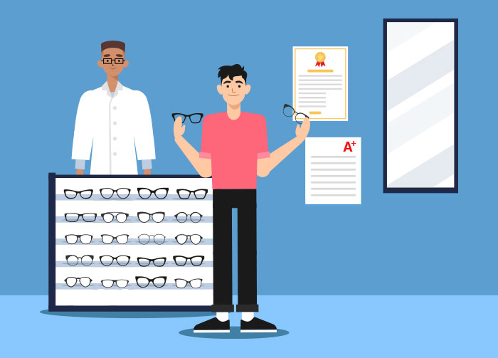 An optician and a patient picking out a pair of glasses to wear.