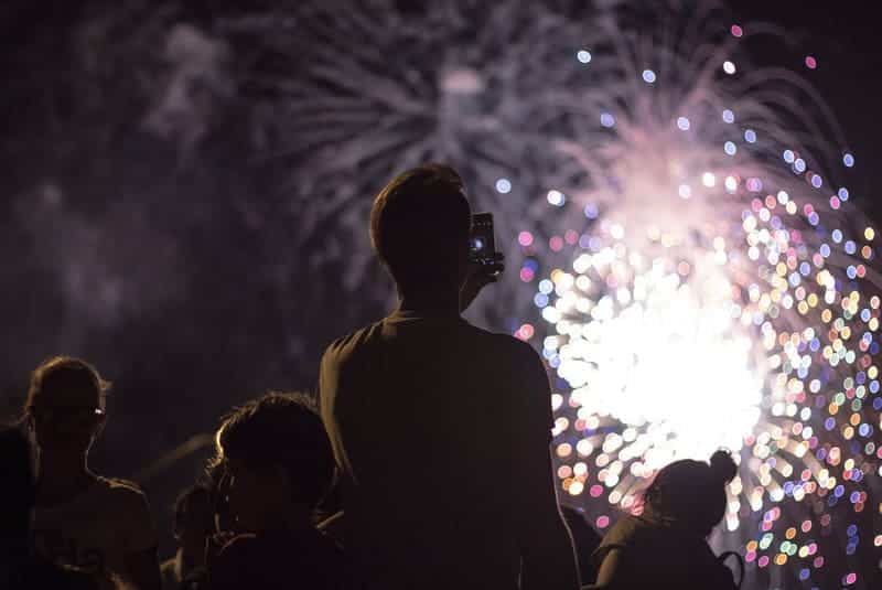 A group of people watching a fireworks display.