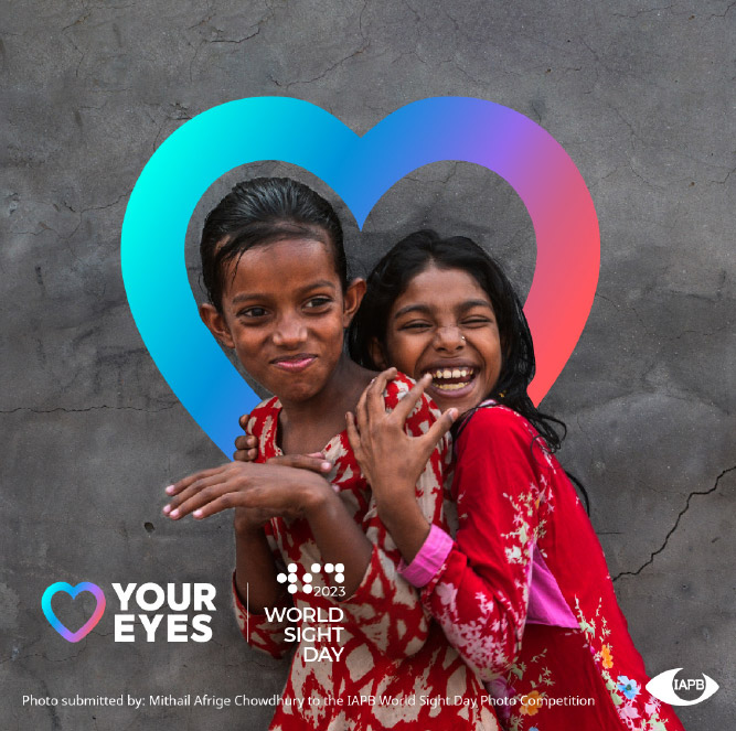 Two young girls in front of a heart with the words your eyes, demonstrating the importance of eye care and optometrist visits for optimal eye health.